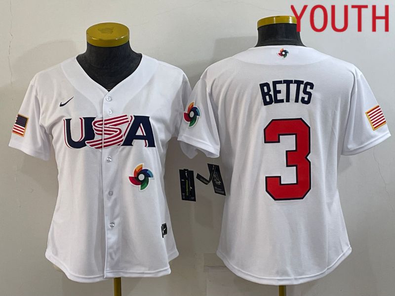 Youth 2023 World Cub USA #3 Betts White MLB Jersey9